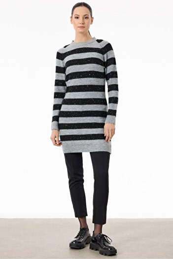 Tığ Triko Grey Black Sequined Knitwear Tunic