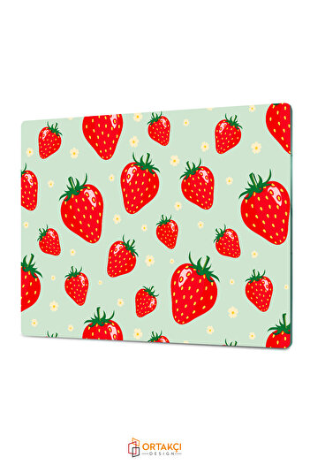 Ortakçı Design Çiçekli Çilek Desenli | Temperli Cam Kesme Tahtası - Cam Kesme Tablası 20*30 Cm