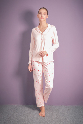 Fulla Moda Kalp Desenli Gömlek Yaka 2 Li Pijama Takımı