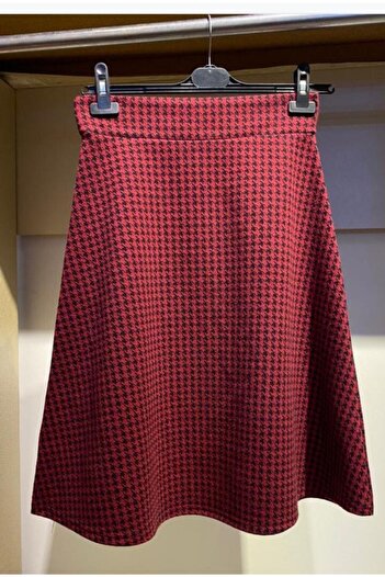 MODA CAN ZEHRA Midi Houndstooth Skirt Claret Red