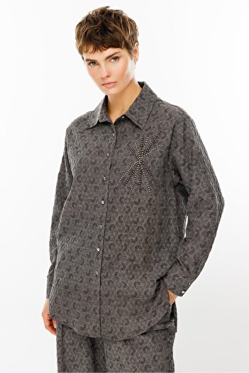 Moda İlgi Modailgi  Jakar Kumaşlı Metal Çakma Aksesuarlı Tunik Gri