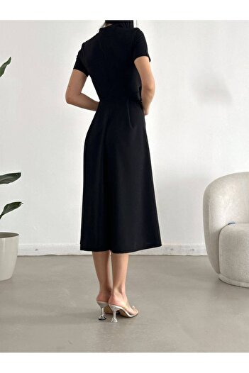 Trendusfashion Κοντομάνικο μακρύ φόρεμα από κρεπ ύφασμα με τσέπες
