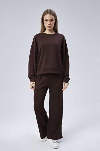 soBasic Wide Leg - Ribbed Detail Crew Neck Elastic Waist Modal Tracksuit Set - Brown
