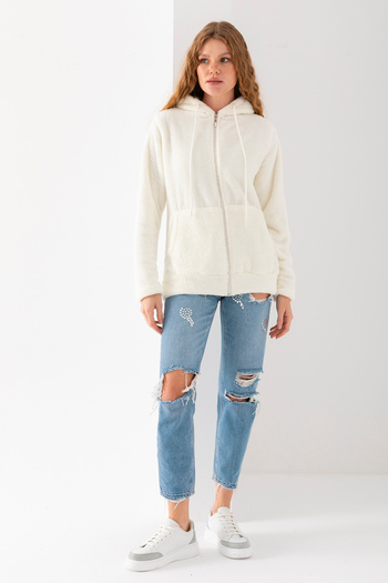 EtkiModa Women's Ecru Long Sleeve Hooded Unlined Plush Jacket