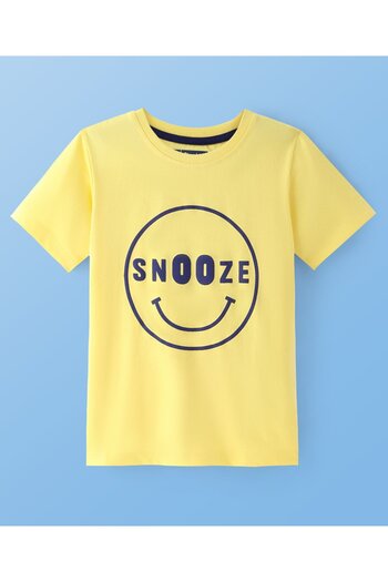 Pine kids Cotton Knit Half Sleeves Night Suit with Text Print - Lemon & Navy Blue