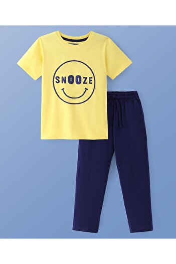 Pine kids Cotton Knit Half Sleeves Night Suit with Text Print - Lemon & Navy Blue