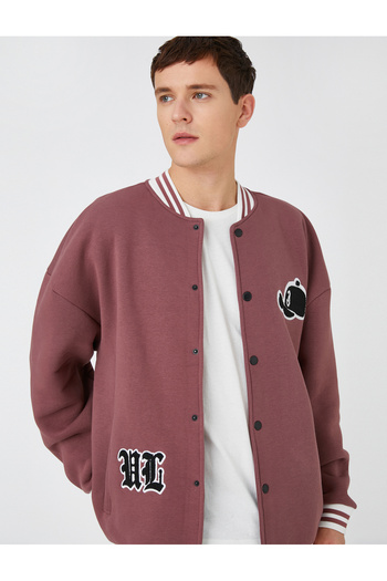 Koton College Jacket Bomber Collar with Embroidery Detail and Snap Pocket
