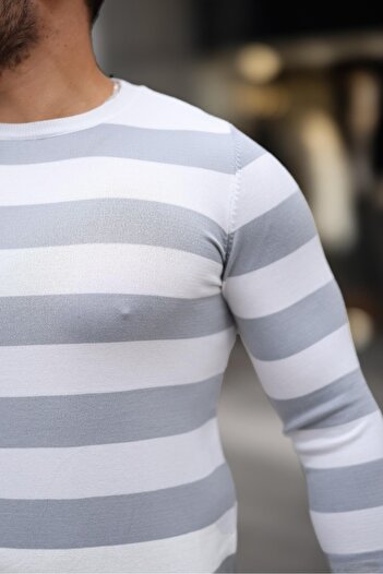 Valiberta Knitted Striped Crew Neck Thin Knitwear Men's Sweater - Gray