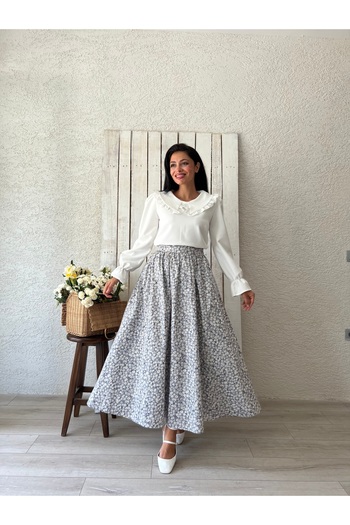 KÜÇÜĞÜM BUTİK Poplin Flared Skirt - Gray Daisy