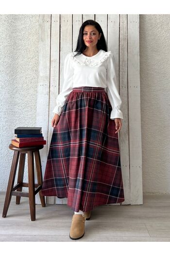 KÜÇÜĞÜM BUTİK Plaid Patterned Brown and Claret Red Flared Skirt