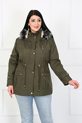 By Alba Collection Women's Khaki Pocket Detail Water Repellent Bondit Fabric Large Size Coat