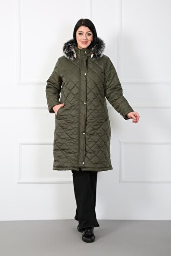By Alba Collection Women's Khaki Baklava Pattern Puff Quilted Large Size Coat