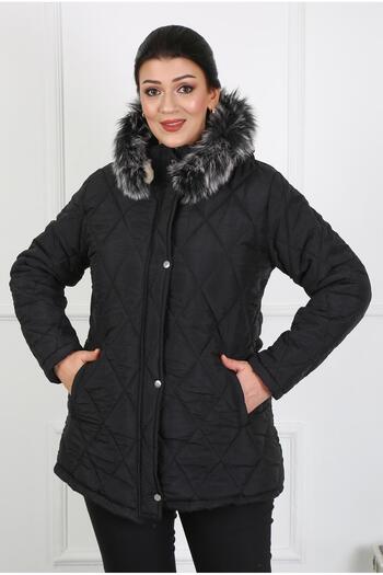 By Alba Collection Women's Black Crinkle Fabric Wool Inside Large Size Coat