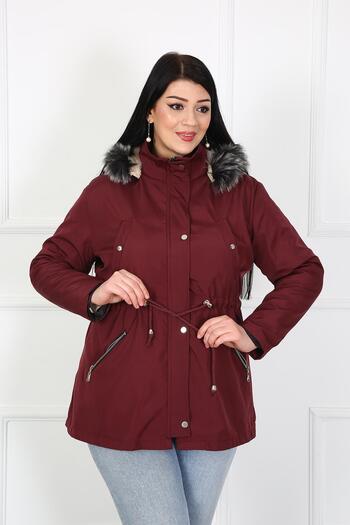 By Alba Collection Women's Burgundy Zipper Detail Water Repellent Bondit Fabric Large Size Coat