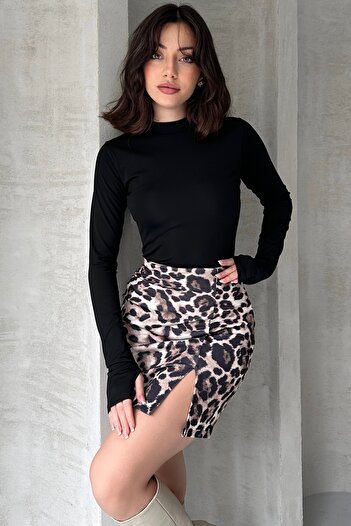 Fav Style Fusta mini neagră de damă cu talie înaltă elastică și fante cu imprimeu leopard