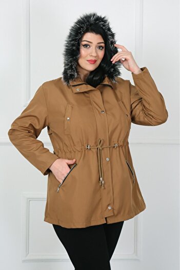 By Alba Collection Women's Tan Zipper Detail Water Repellent Bondit Fabric Large Size Coat