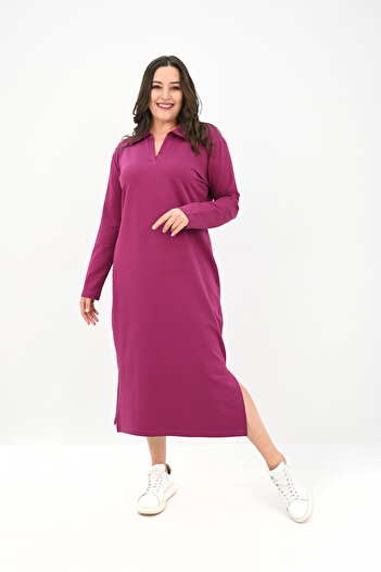 Koza Butik Women's Plus Size Long Sleeve Collar Detail Dress 5283-25