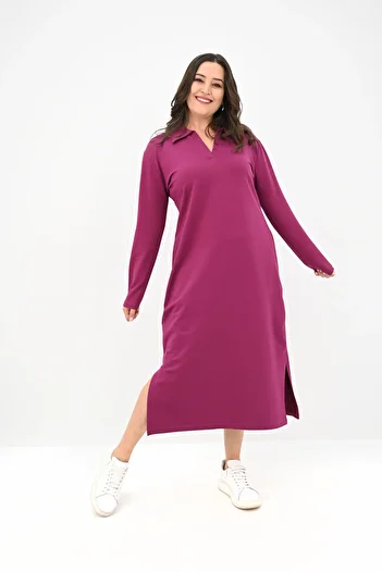 Koza Butik Women's Plus Size Long Sleeve Collar Detail Dress 5283-25