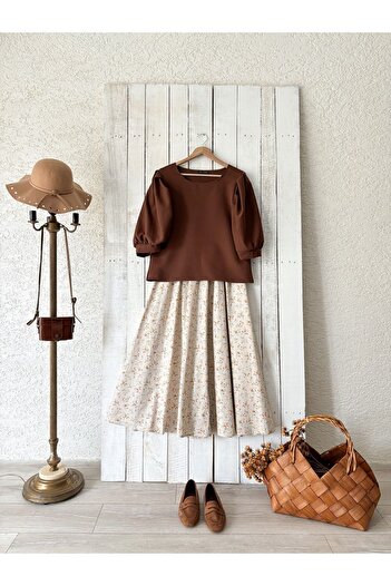 KÜÇÜĞÜM BUTİK Φούστα Poplin Flared - Κρεμ-Καφέ Floral