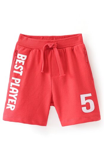 Babyhug Cotton Looper Knit Shorts with Text Print - Red