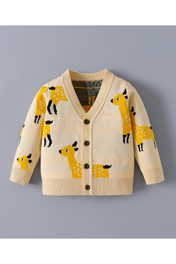 SAPS Deer All Over Printed V Neck Full Sleeves Front Open Sweater - Beige
