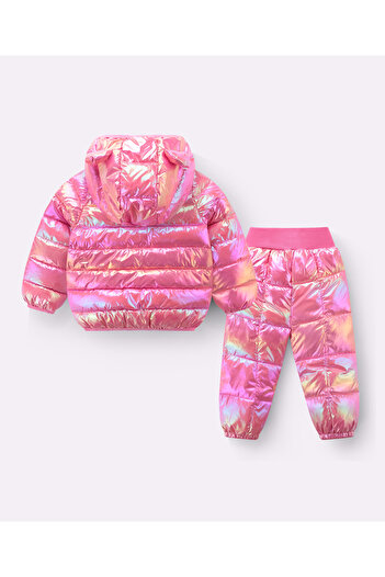 SAPS Full Sleeves Hooded Solid 3D Ears Detail Padded Jacket & Pants/Co-ord Set - Fuchsia