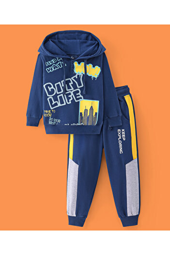 Ollington St. Ollington St. 100% Cotton Knit Full Sleeves Hooded Sweatshirt & Joggers Set City Life Print - Navy