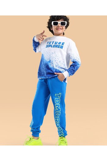 Ollington St. Ollington St. 100% Cotton Knit Full Sleeves Sweatshirt & Joggers Set With Text Print - White & Blue