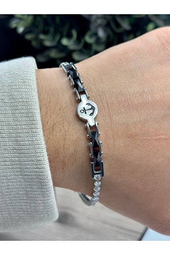 NikaŞ Anchor Figure Model Zircon Stone Detailed Steel Men's Bracelet