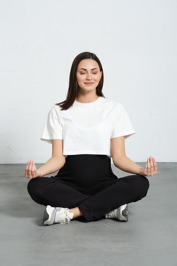 BUSA Black Maternity Sweatpants with Stretchy and Mom Fit - Adjustable Abdominal Band
