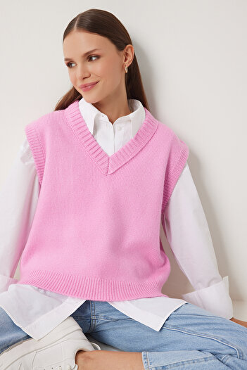 Lovelyİstanbul Pink V-Neck Knitwear Sweater - Lpf0065