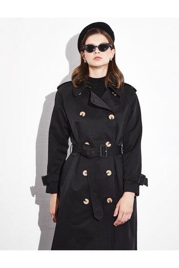 Kayra Double Breasted Buttoned Belt Detailed Cap Black