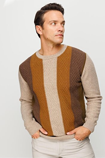 Desen Triko Men's Crew Neck Front Colored Wool Sweater K.Beige