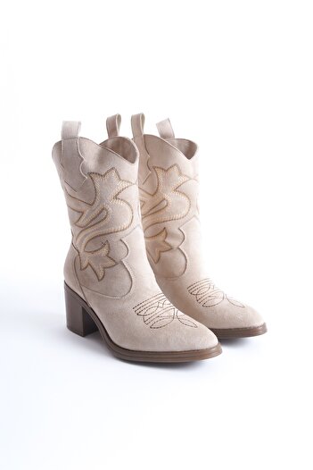 Modabuymus Μπότες Bazal Skin Suede Cowboy με τακούνι Άνετα κεντημένα Western Boots