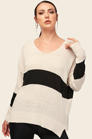 armonika Women's Ecru V-Neck Two-Color Front Short Back Long Knitwear Sweater Arm-25K 012014