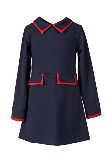 Ozmoz By Mukadder Özden Navy Blue Woven Winter Girl's Dress with Red Piping