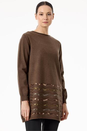 Tığ Triko Coffee Color Sequined Zigzag Skirt Tunic