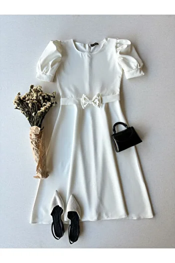 KÜÇÜĞÜM BUTİK White Watermelon Sleeve Crepe Midi Size Flared Mother-Daughter Combination (ΠΩΛΕΙΤΑΙ ΜΟΝΟ)