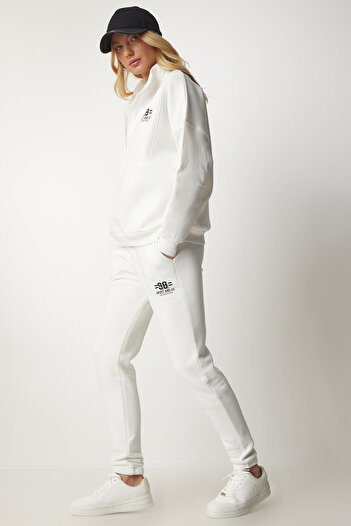Lovelyİstanbul Zippered Collar Ribbed Knitted Top and Bottom Set White Lcr0015