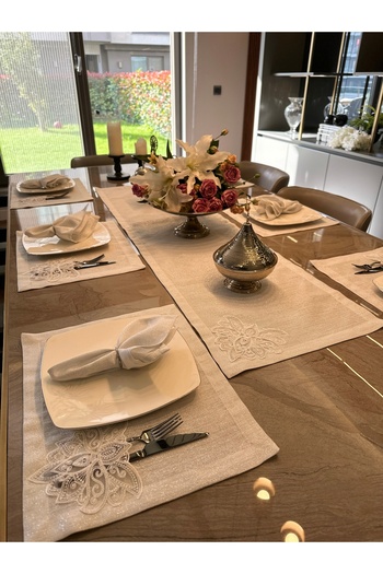 Decamor home White Linen Textured - Silver Lurex French Lace Serving and Napkin Set for 6