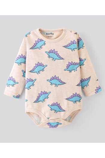 Bonfino Cotton Full Sleeves Onesies with Dino Print Pack of 3 - Grey Melange Cosmic Sky & Plume