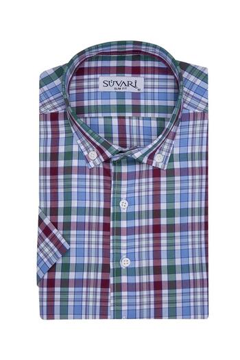SÜVARİ Ανδρικό πουκάμισο με κοντό μανίκι Cavalier Slim Fit με πράσινο σχέδιο