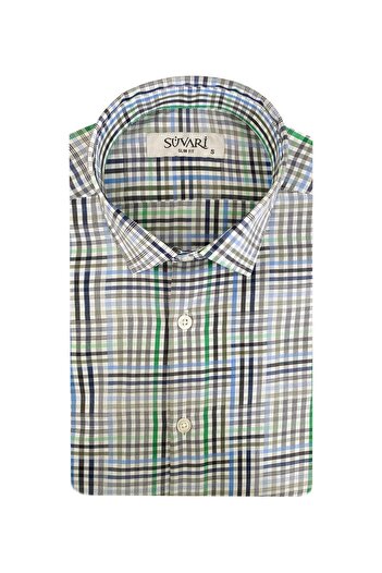 SÜVARİ Süvari Slim Fit Green Patterned Short Sleeve Men's Shirt