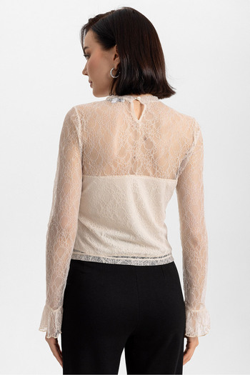 Evermade Stand Collar Lace and Low-Cut Long Sleeve Blouse