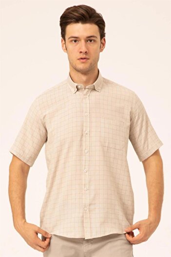 SÜVARİ Süvari Loose Cut Short Sleeve Beige Striped Checked Shirt