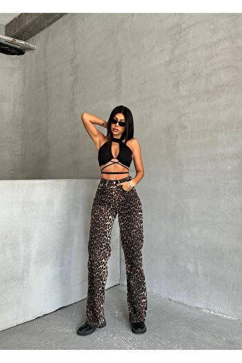Swet Shop Jeans Women's Leopard Print High Waist Lycra Wide Leg Palazzo Trousers
