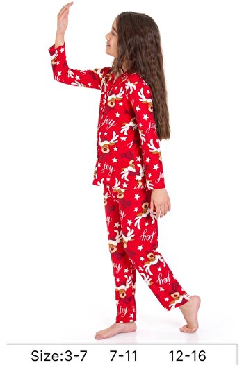 ARBİ kids Christmas and New Year's Themed Red Button Pajamas Set for Girl