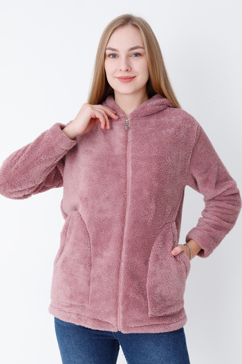 İntensive Women's Lilac Long Sleeve Pocket Zipper Hooded Plush Cardigan