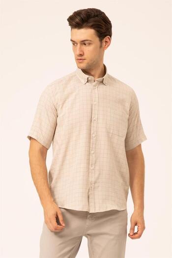 SÜVARİ Süvari Loose Cut Short Sleeve Beige Striped Checked Shirt