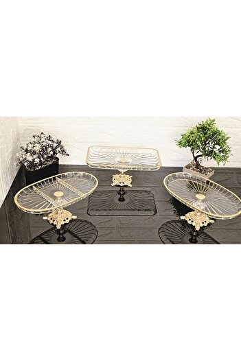 atabey home collection 3 Parça Çeyiz Seti & Sunumluk Gold Servis Tabağı Seti Çizgili & Gold Döküm Ayaklı Set & Servis Seti